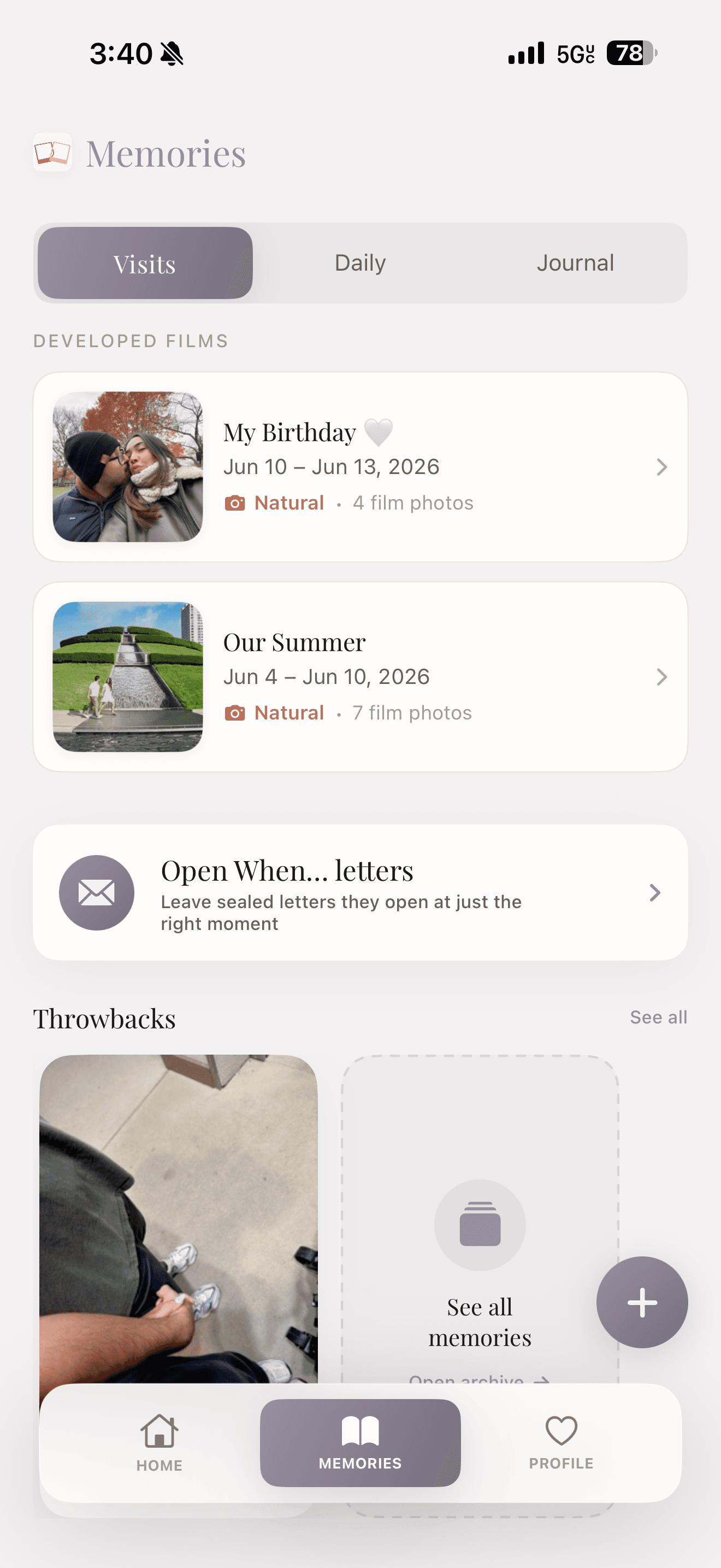 CloserTo Memories hub with daily photos, journal entries, and letters