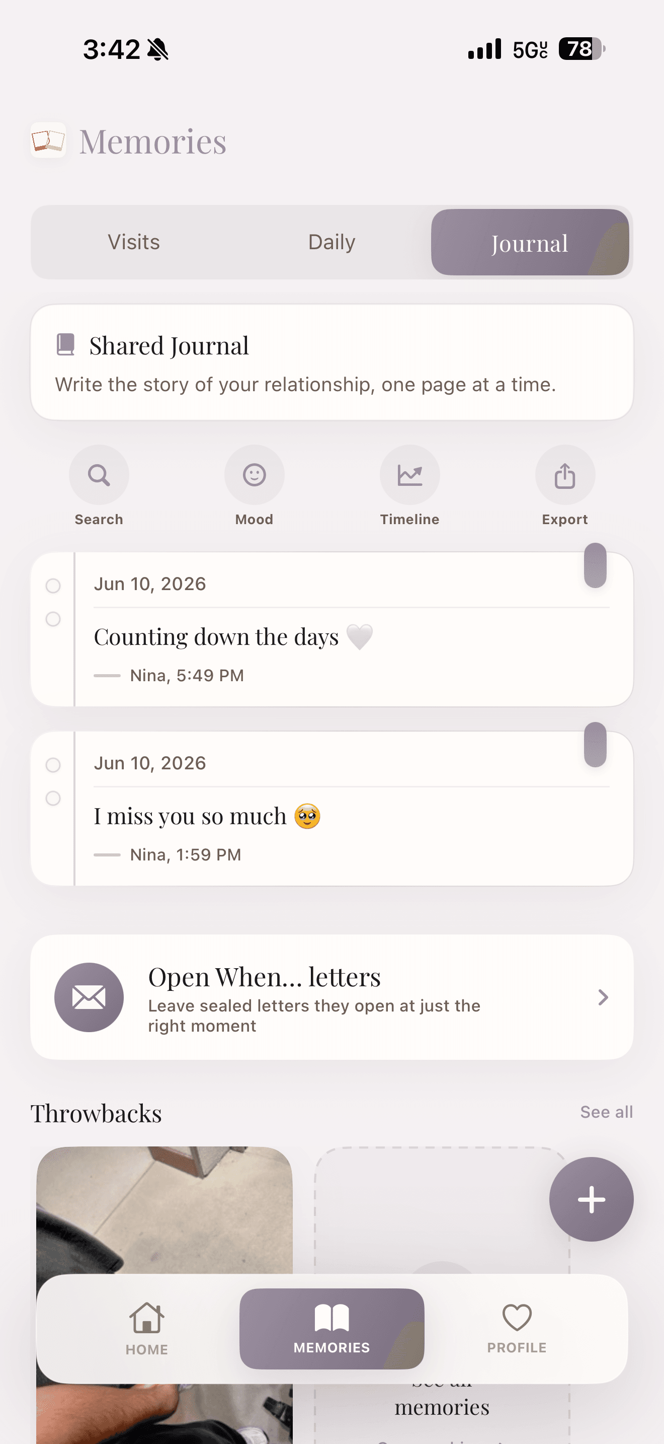 Shared couples journal entries in the CloserTo app