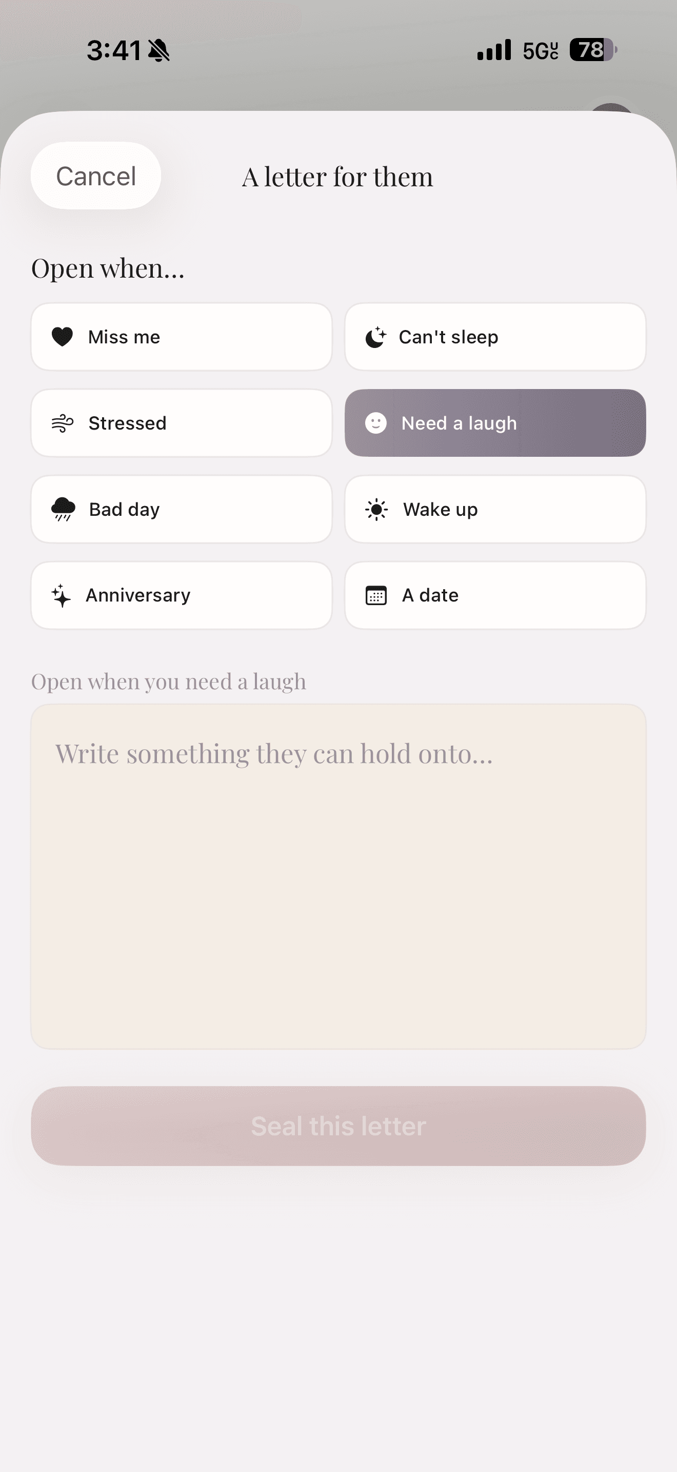 Writing an Open When letter with mood prompts in the CloserTo app